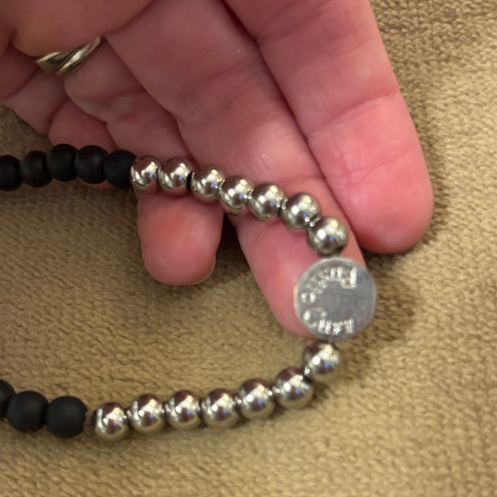 Rustic Cuff Black and Silver Beaded Bracelet with Logo Charm - Picture 5 of 6